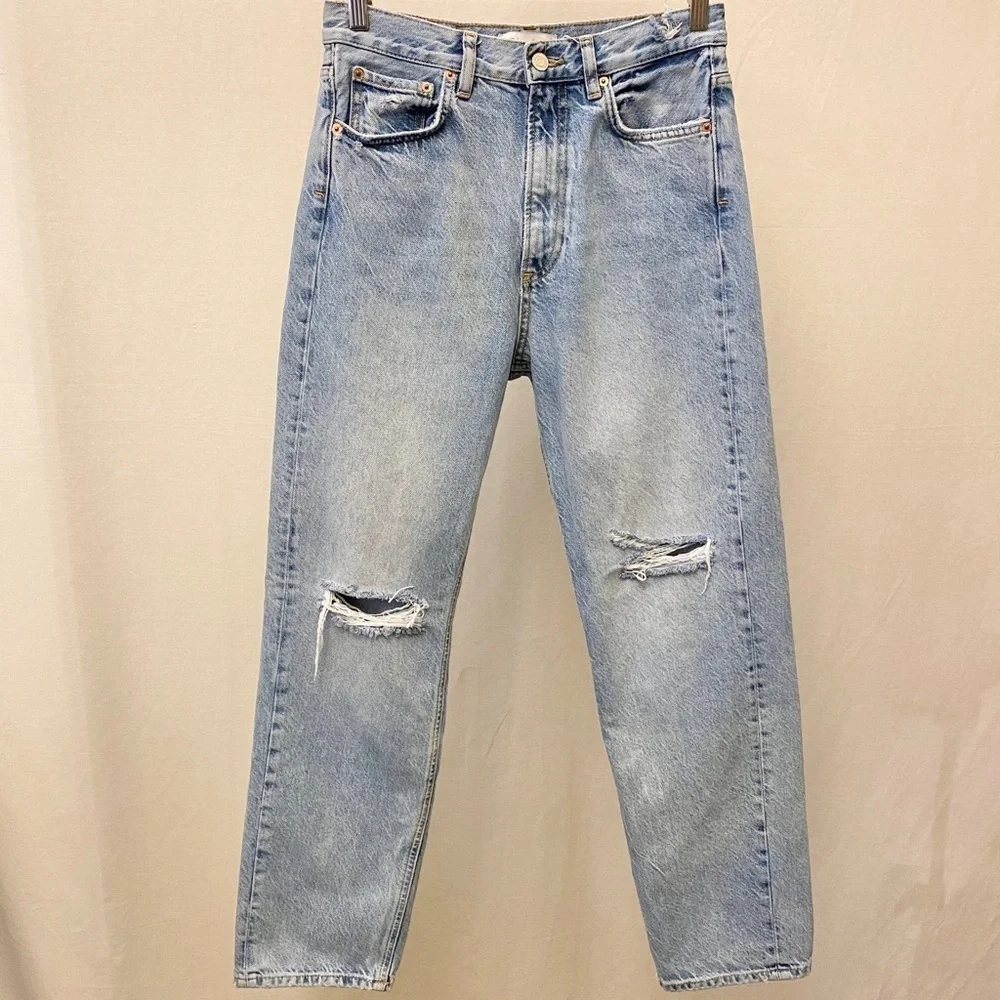 Zara Size 4 High Rise Mom Jeans Ripped Knees Frayed Waistband Distressed Tapered